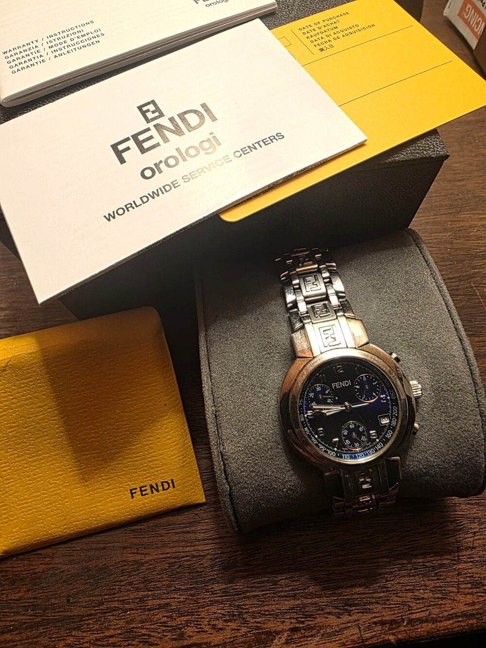 Fendi Swiss Made Quartz Chronograph Tachymeter Date Blue Dial SS Bracelet W SBox